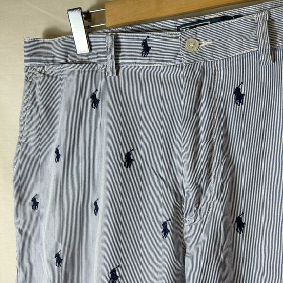 Polo Ralph Lauren Blue Pinstripe Embroidered Pony Flat Front Chino Shorts Sz 36 - Picture 3 of 13
